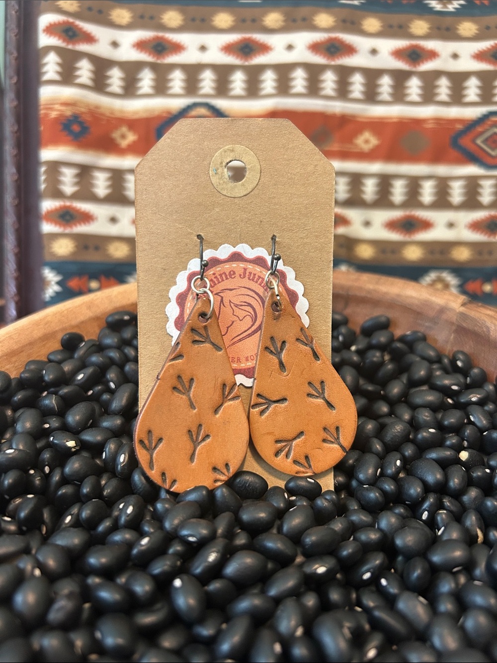 Leather Teardrop Earrings in Saddle Tan with Embossed Chicken Feet Tracks